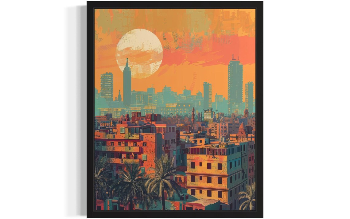 Cairo Egypt City Skyline at Sunset Vintage Travel Art Poster
