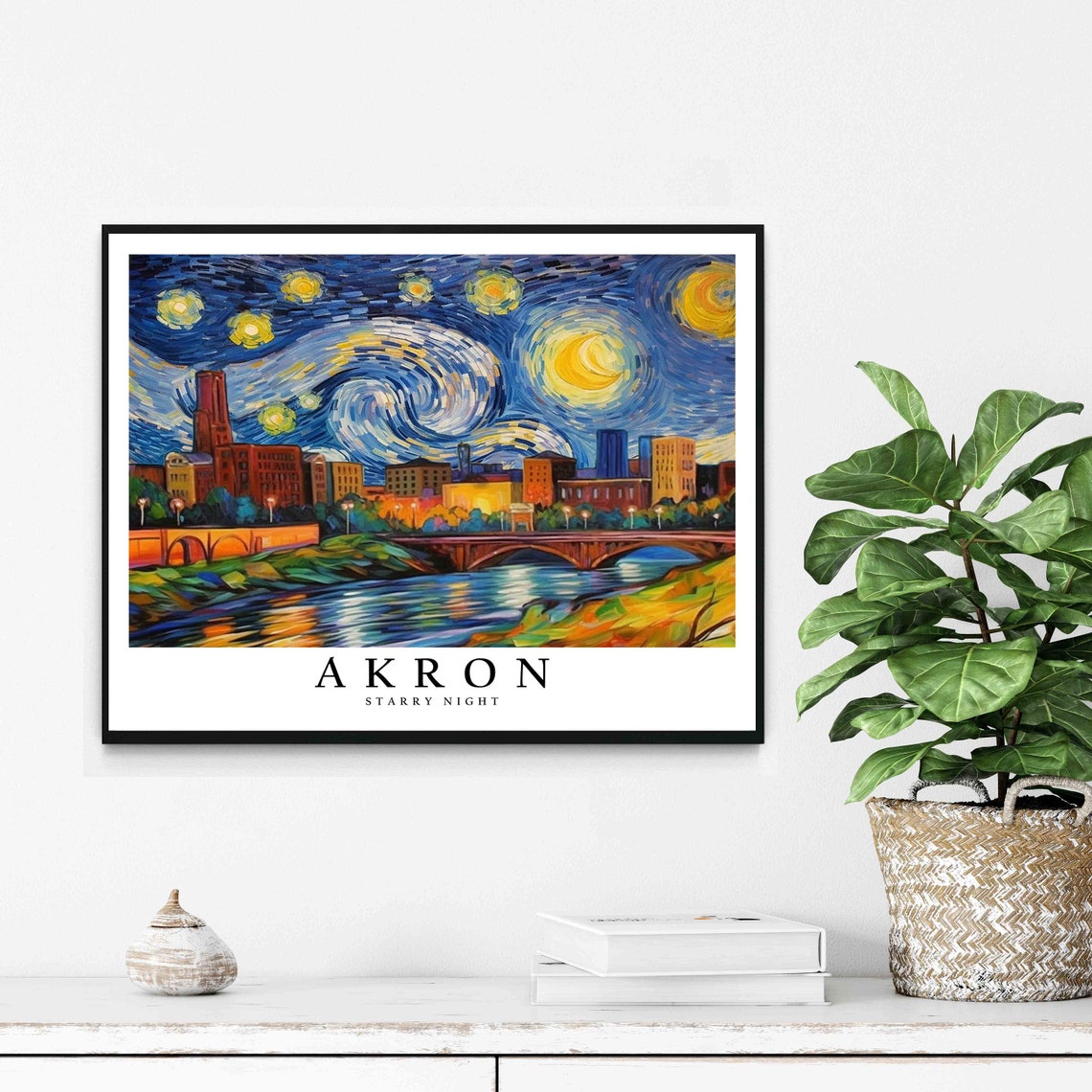 Akron Starry Night River Bridge Skyline Moonlit Painting Art Poster - Image 2