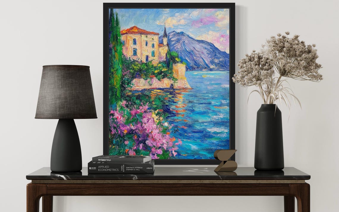 Lakeside Villa with Cypress and Mountains Impressionist Poster - Image 3