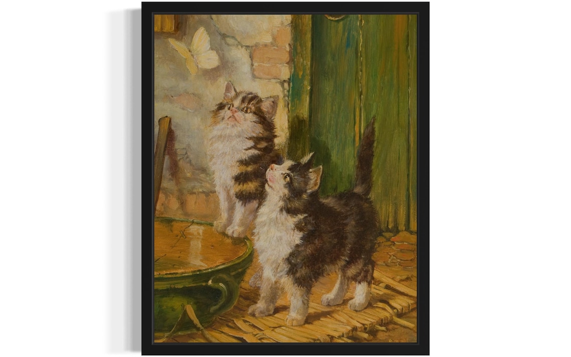 Two Fluffy Kittens Watching White Butterfly By Green Door Vintage Poster