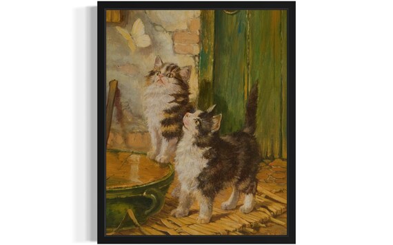 Two Fluffy Kittens Watching White Butterfly By Green Door Vintage Poster