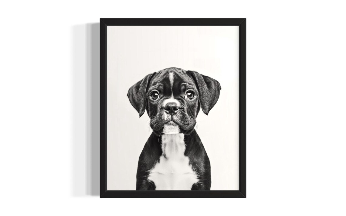 Boxer Puppy Portrait Black And White Cute Little Dog Photo Print