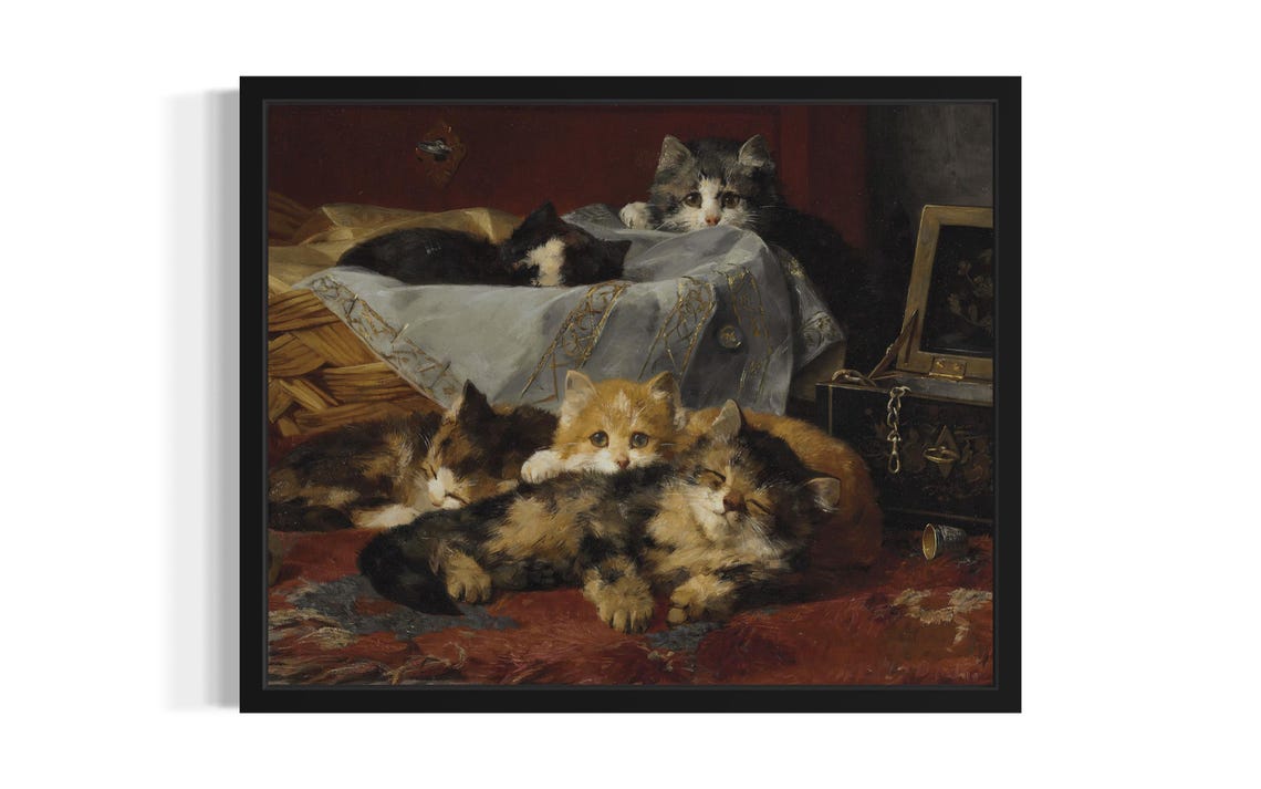 Five Sleepy Kittens Cuddling On Red Cloth Vintage Oil Painting Poster