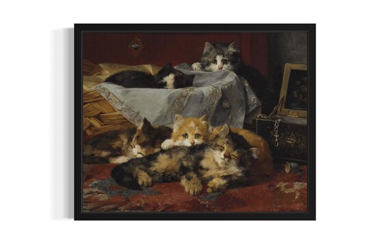 Five Sleepy Kittens Cuddling On Red Cloth Vintage Oil Painting Poster