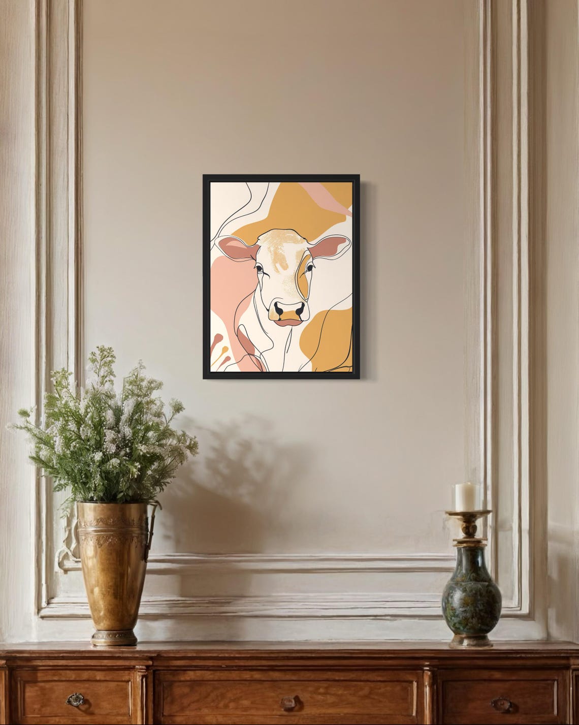 Cow Head Gentle Line Art Abstract Warm Beige Modern Art Poster - Image 2