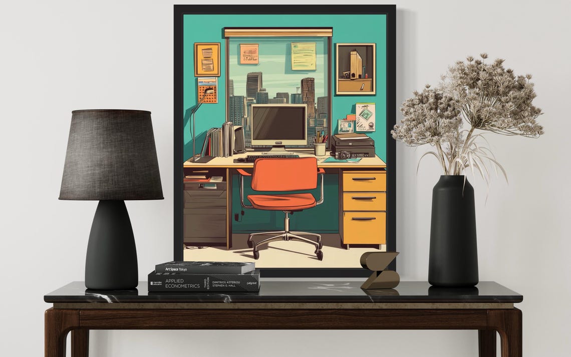 Retro Office Workspace With Orange Chair and City View Poster - Image 4