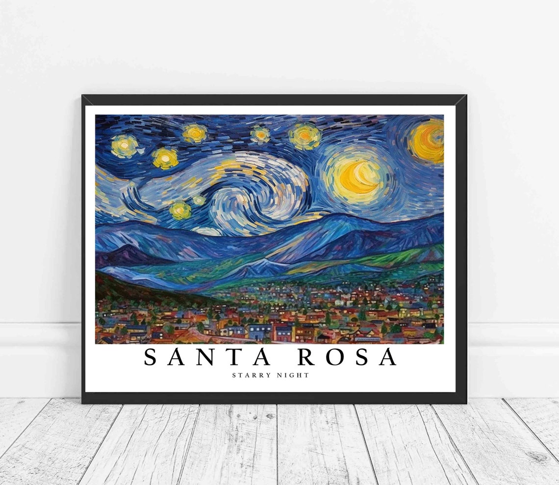 Santa Rosa Starry Night Van Gogh Style City Hills Art Poster