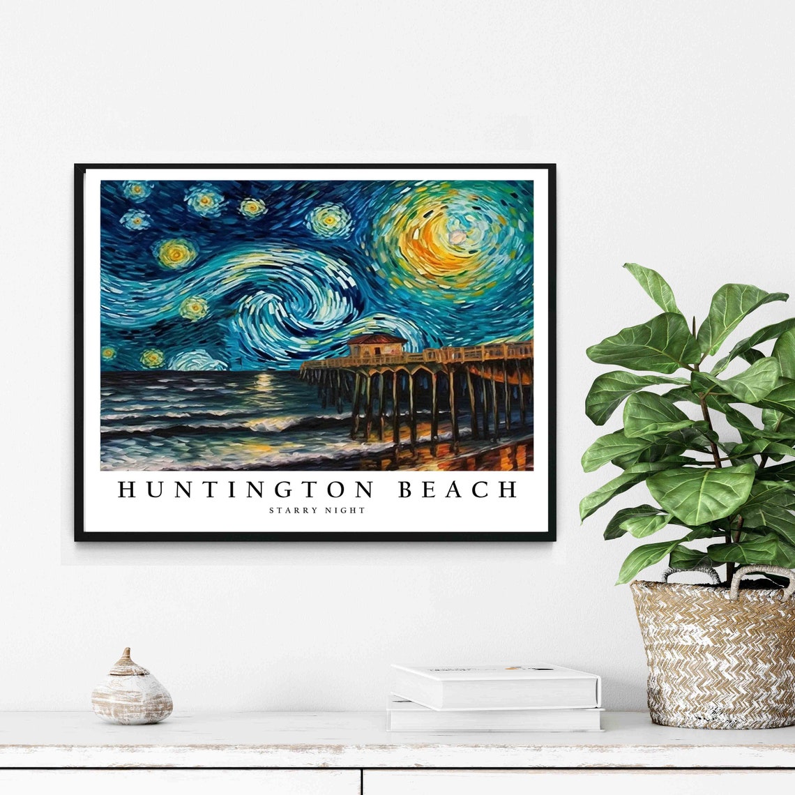 Huntington Beach Starry Night Ocean Pier Night Sky View Poster - Image 2