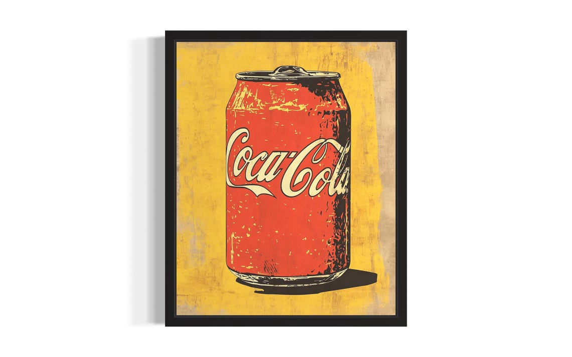 Vintage Coca Cola Can Pop Art Bright Yellow Background Poster