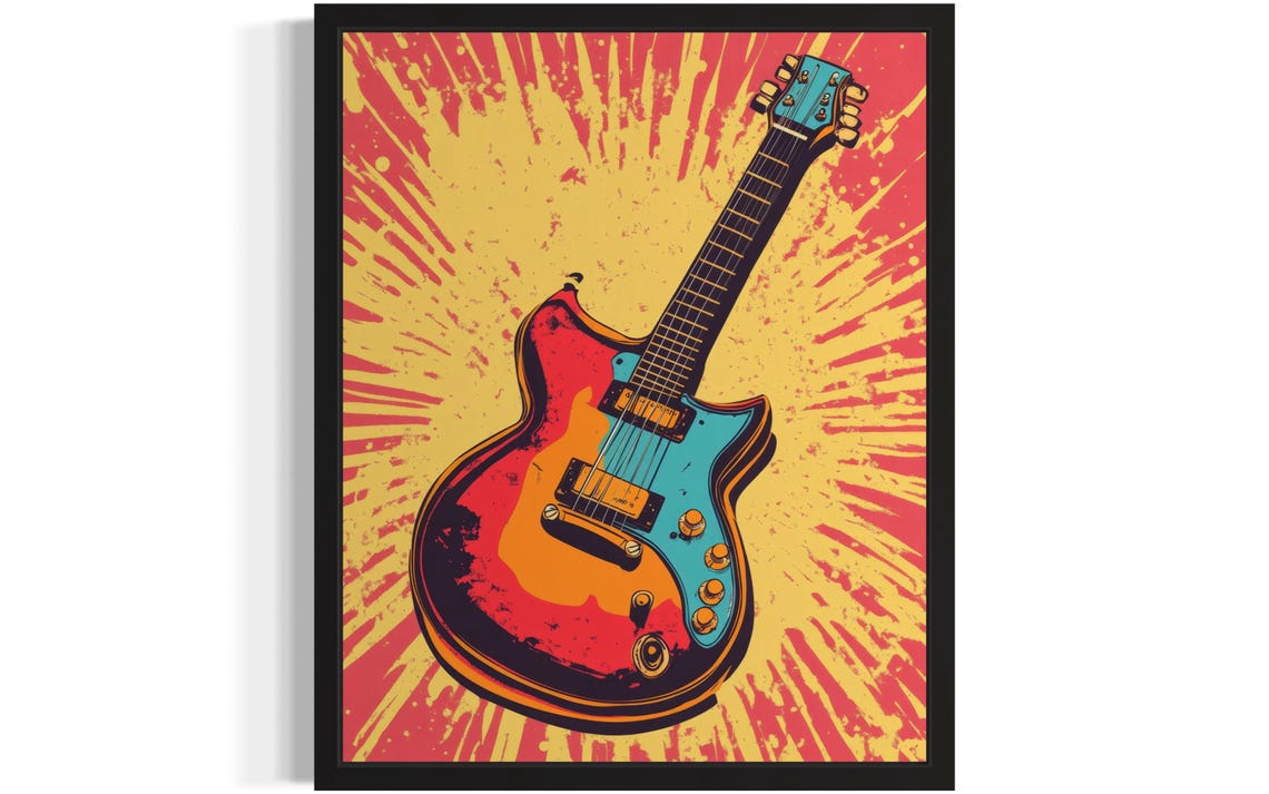 Electric Guitar Pop Art With Red Blue Burst Explosion Poster