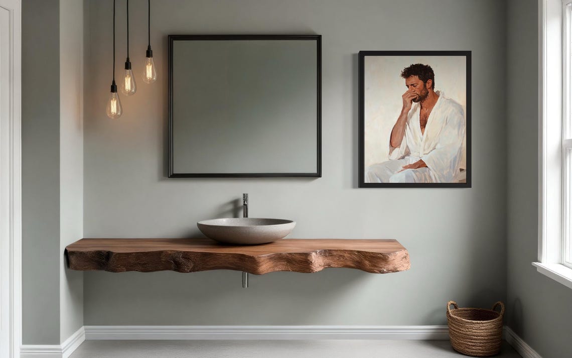 Bearded Man in White Robe Holding Nose Funny Bathroom Poster - Image 4