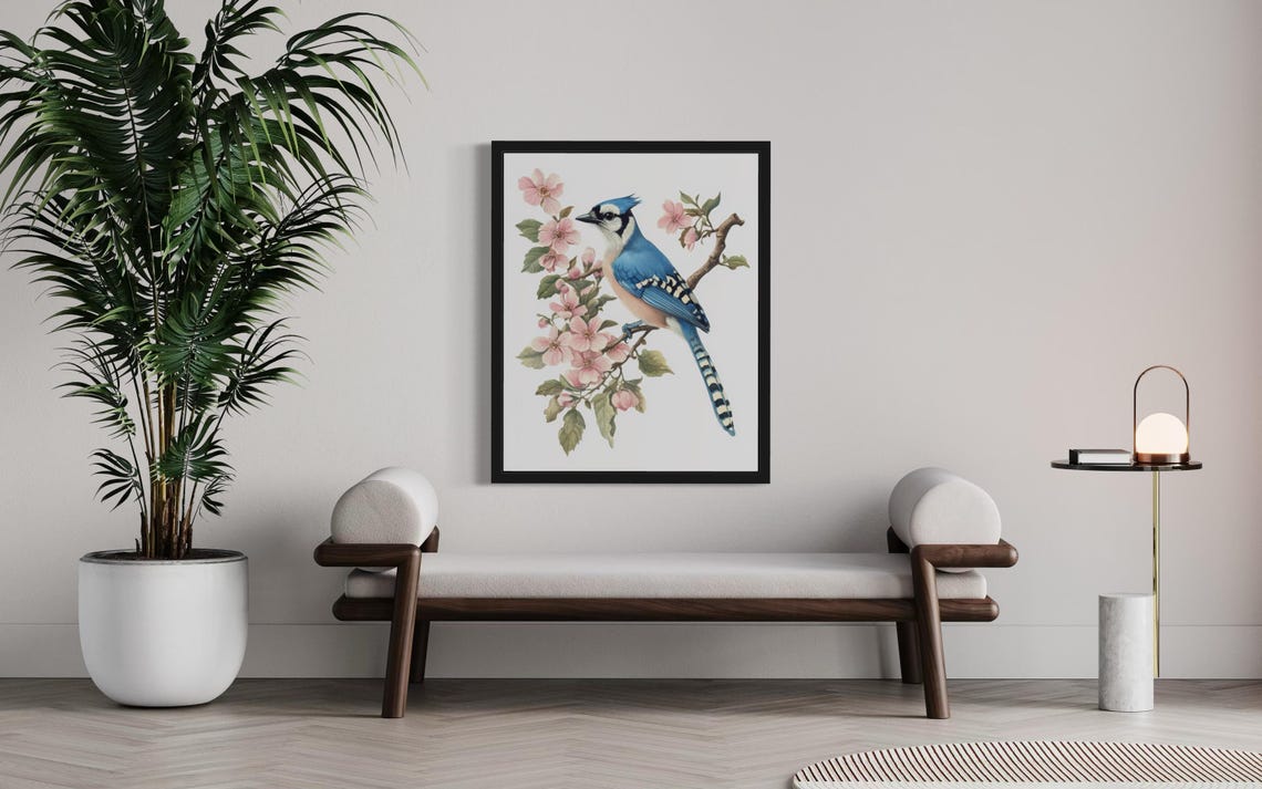Vibrant Blue Jay on Blossom Branch Botanical Watercolor Poster - Image 3