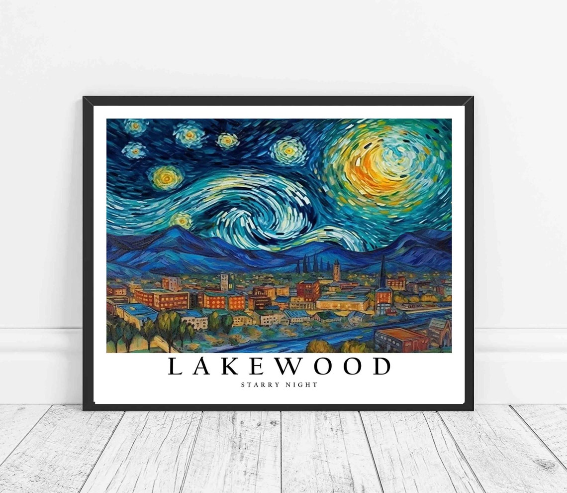 Lakewood Starry Night Downtown Skyline Mountain Backdrop Poster