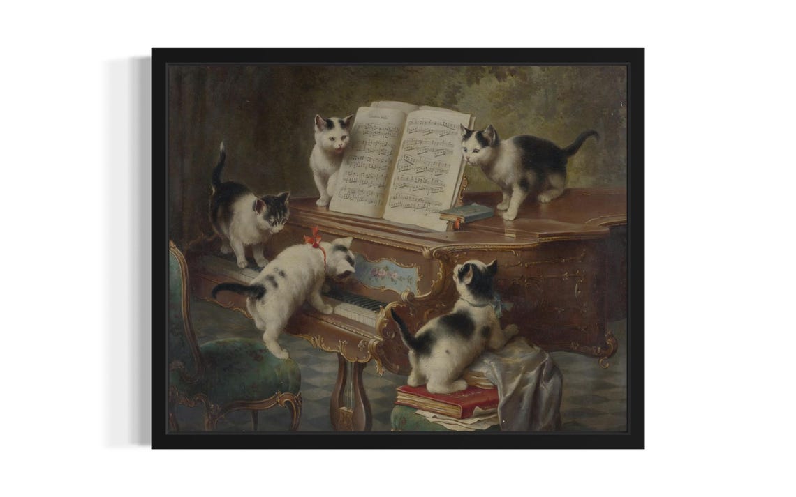 Playful Kittens Around Grand Piano Classic Oil Poster Home Decor Gift