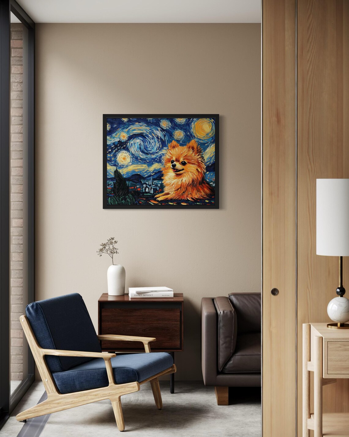 Fluffy Pomeranian Dog in Van Gogh Swirling Starry Night Poster - Image 4