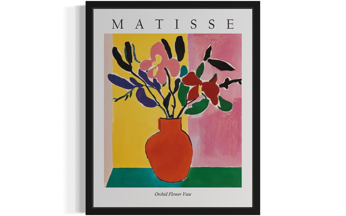 Orchid Flowers in Red Vase Against Yellow Pink Matisse Poster