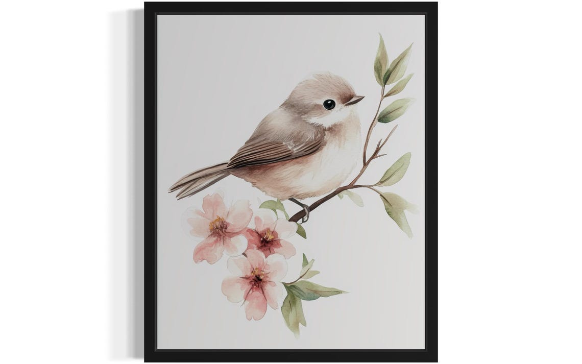 Bushtit Songbird on Blossom Branch Botanical Watercolor Poster