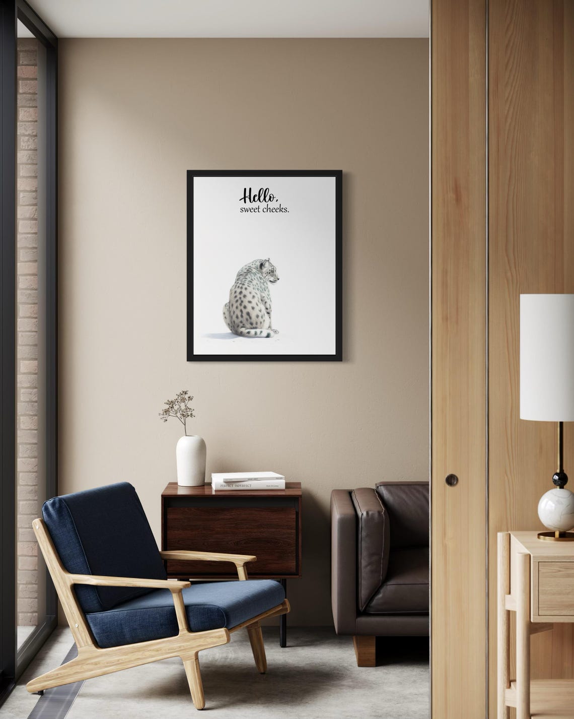 Snow Leopard Back View Hello Sweet Cheeks Funny Bathroom Poster - Image 2