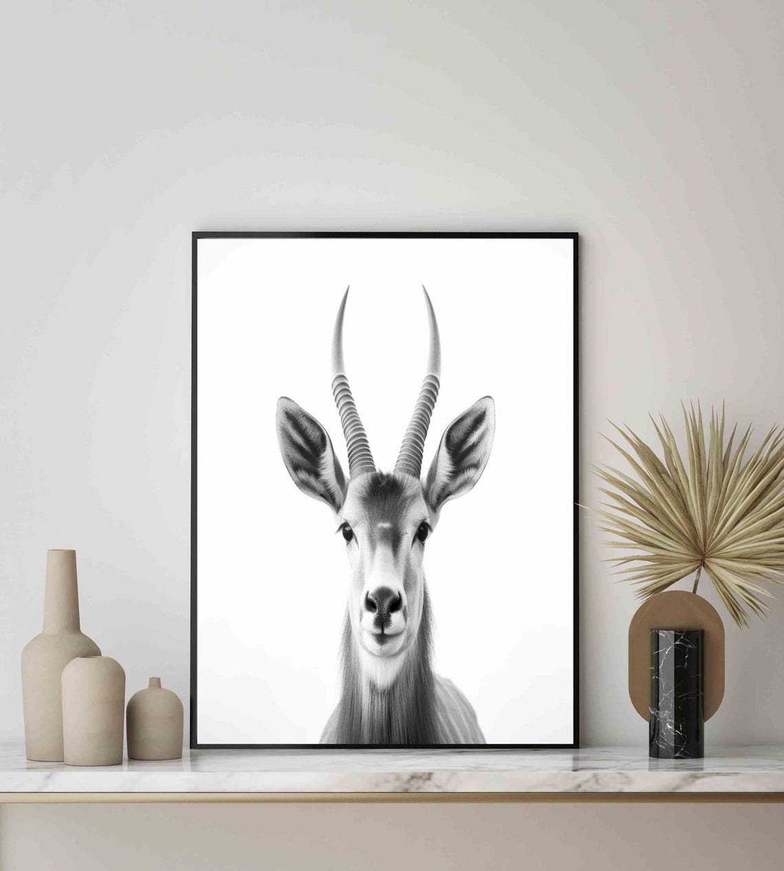 Elegant Antelope Portrait with Long Horns in Black and White Poster - Image 2