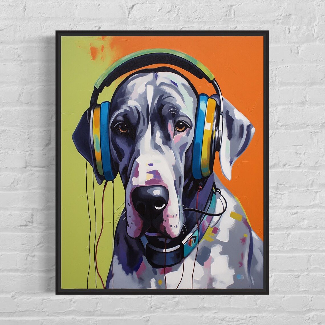 Great Dane With Headphones, Dog Art Print