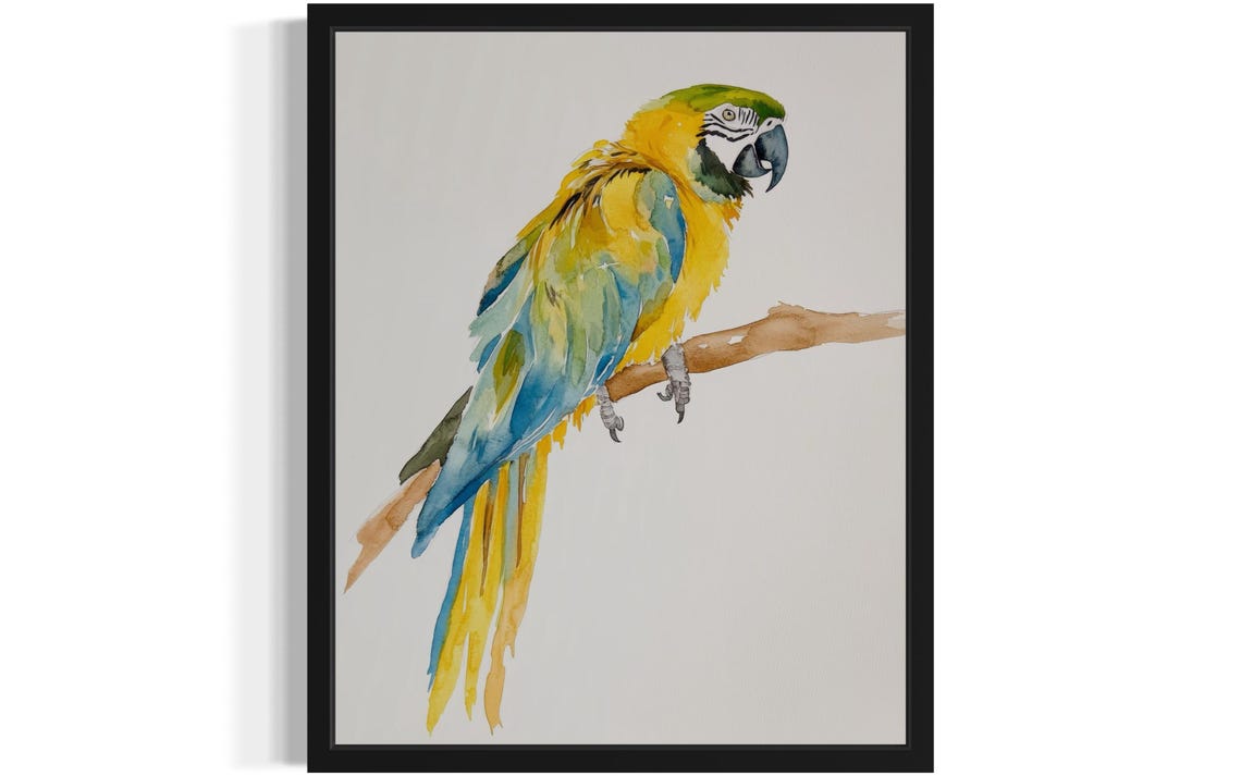 Blue and Yellow Macaw on a Branch Watercolor Tropical Poster