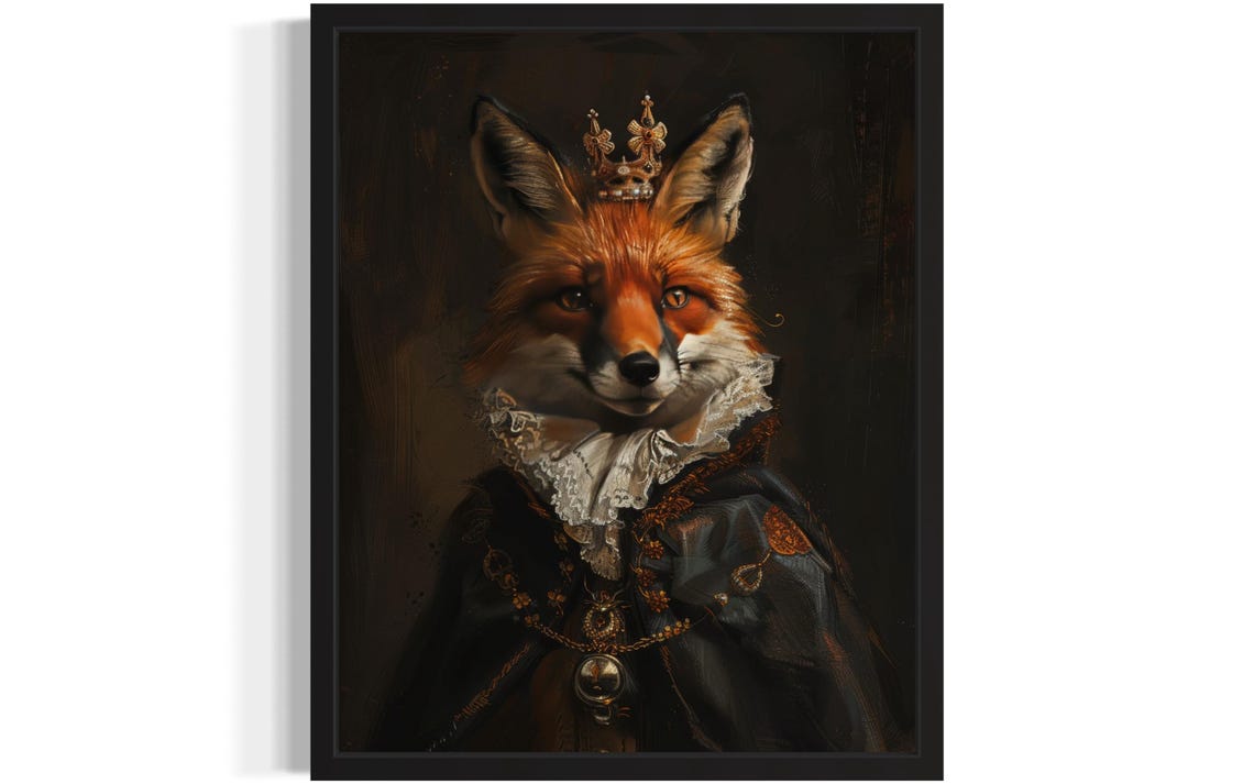 Crowned Red Fox King In Jeweled Royal Robe Gothic Portrait Poster