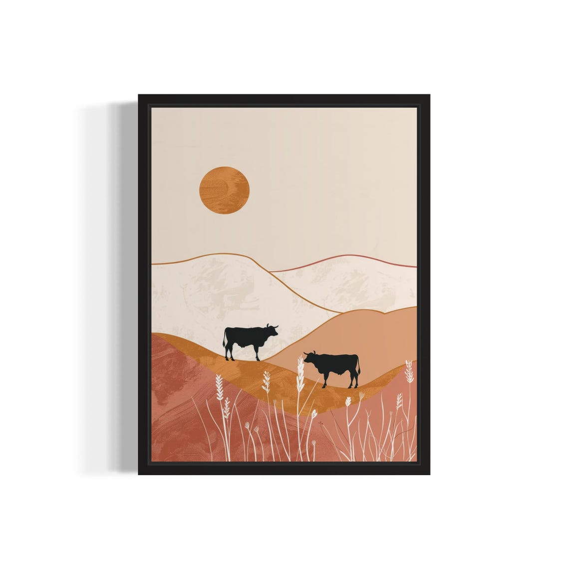 Black Cow Silhouettes Sunset Hills Terracotta Landscape Art Poster