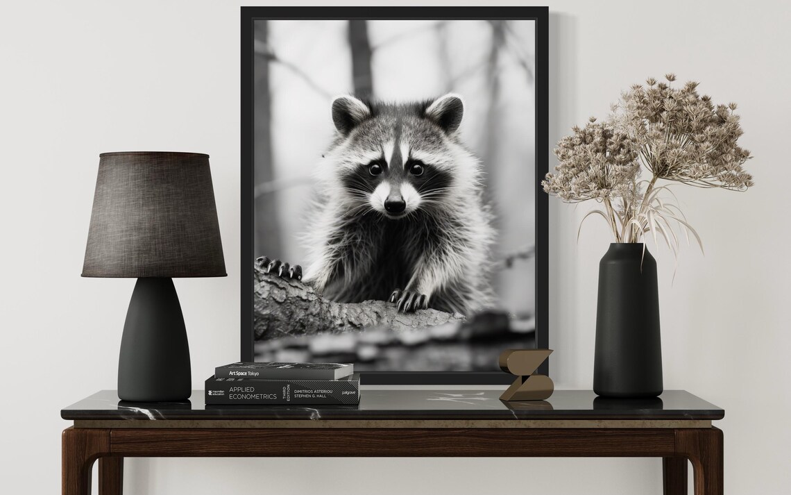 Raccoon Climbing a Branch Black and White Wildlife Fine Art Decor Poster - Image 2