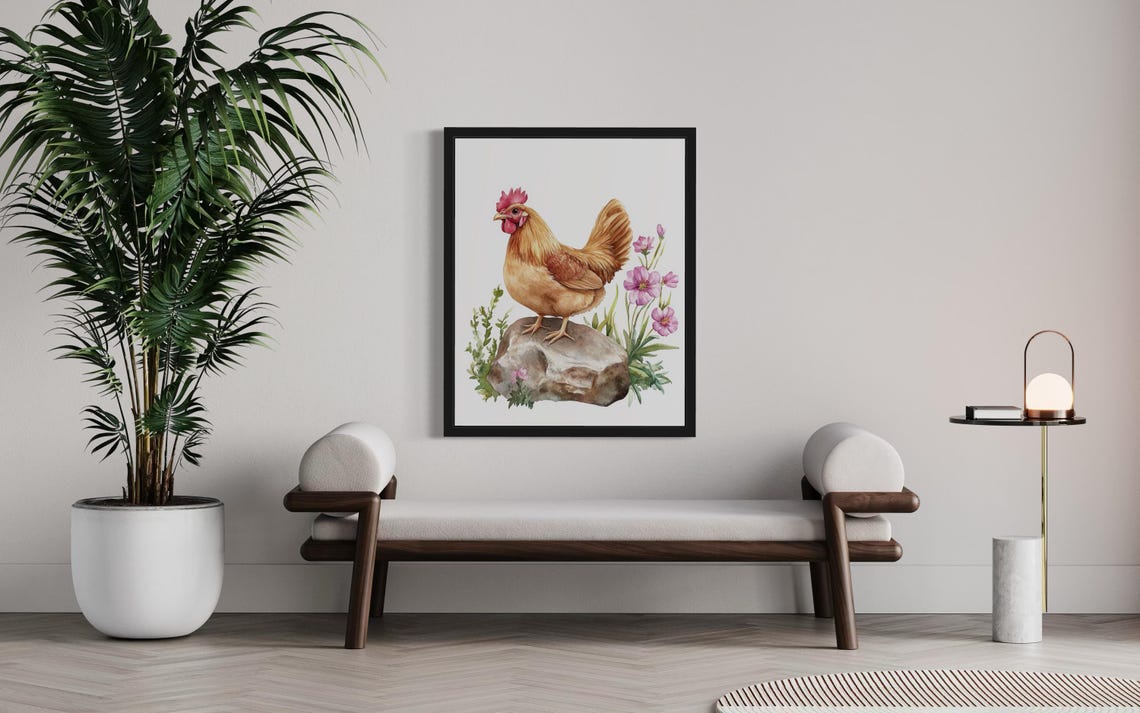 Proud Golden Rooster on Stone with Pink Flowers Watercolor Poster - Image 3