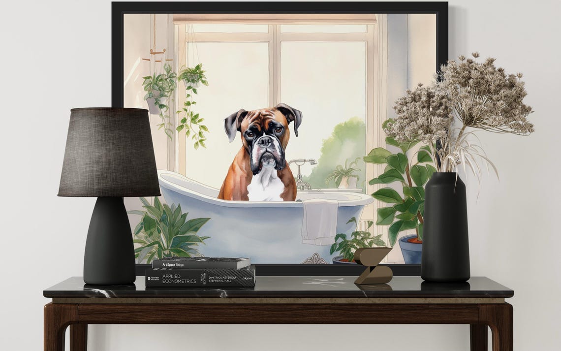 Boxer Dog In Vintage Bathtub Sunlit Window Bathroom Art Poster - Image 3