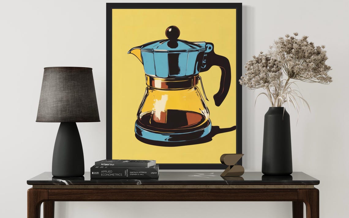 Retro Blue Coffee Pot Pop Art Print on Mustard Yellow Background - Image 3