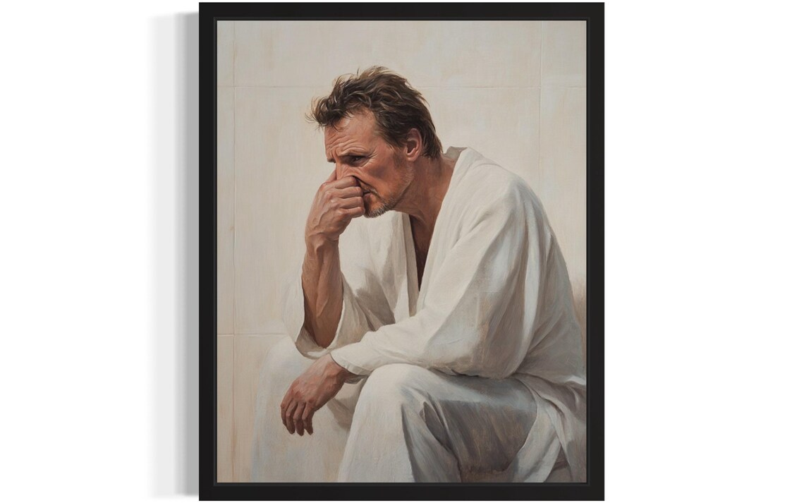 Man in White Robe Holding Nose in Classical Oil Painting Poster