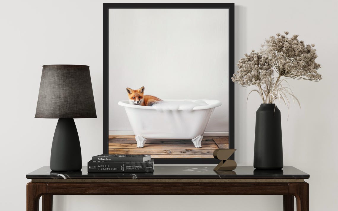 Tiny Baby Fox Cub Peeking Over Vintage Clawfoot Bathtub Cute Poster - Image 2