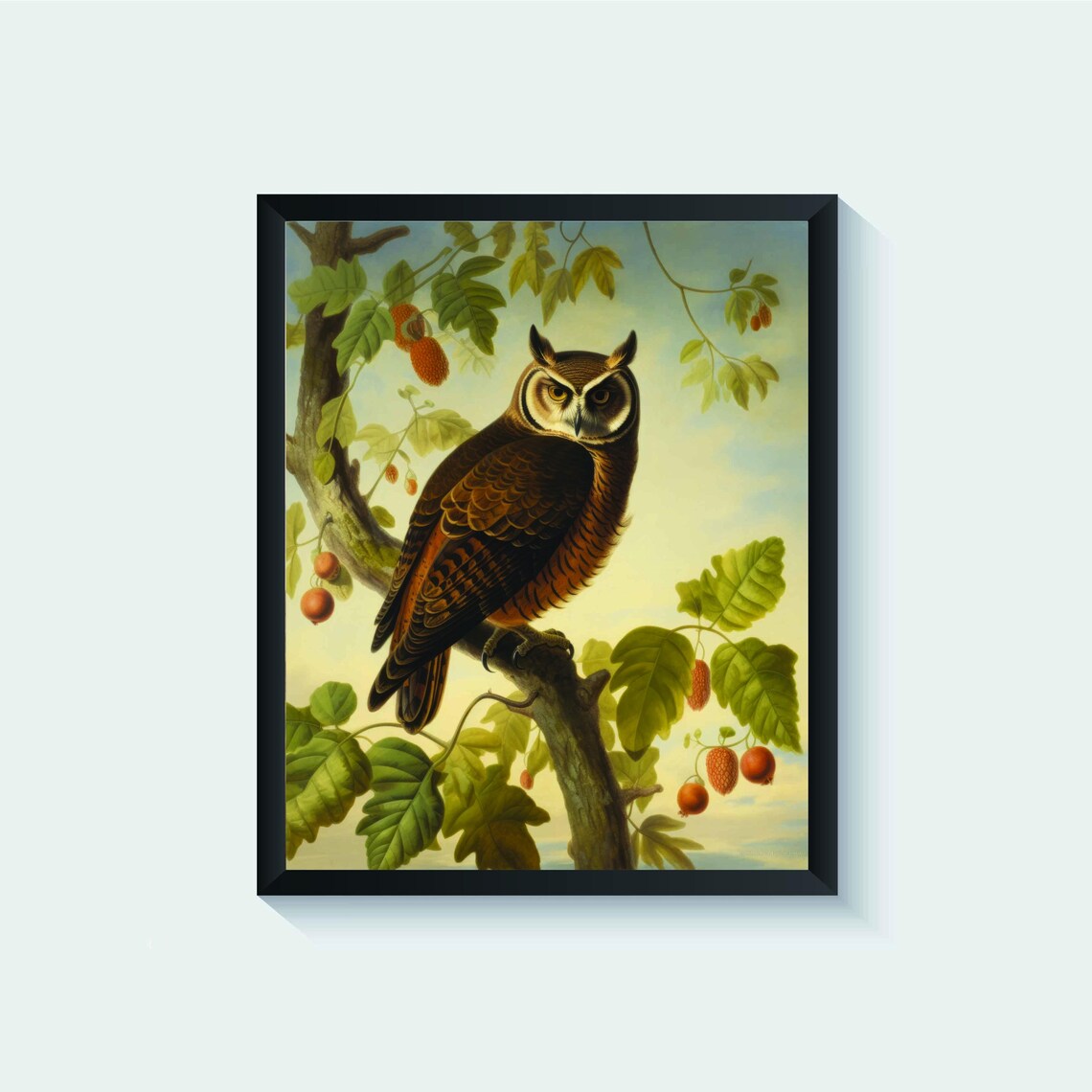 Great Horned Owl on a Fruiting Branch Vintage Bird Art Poster