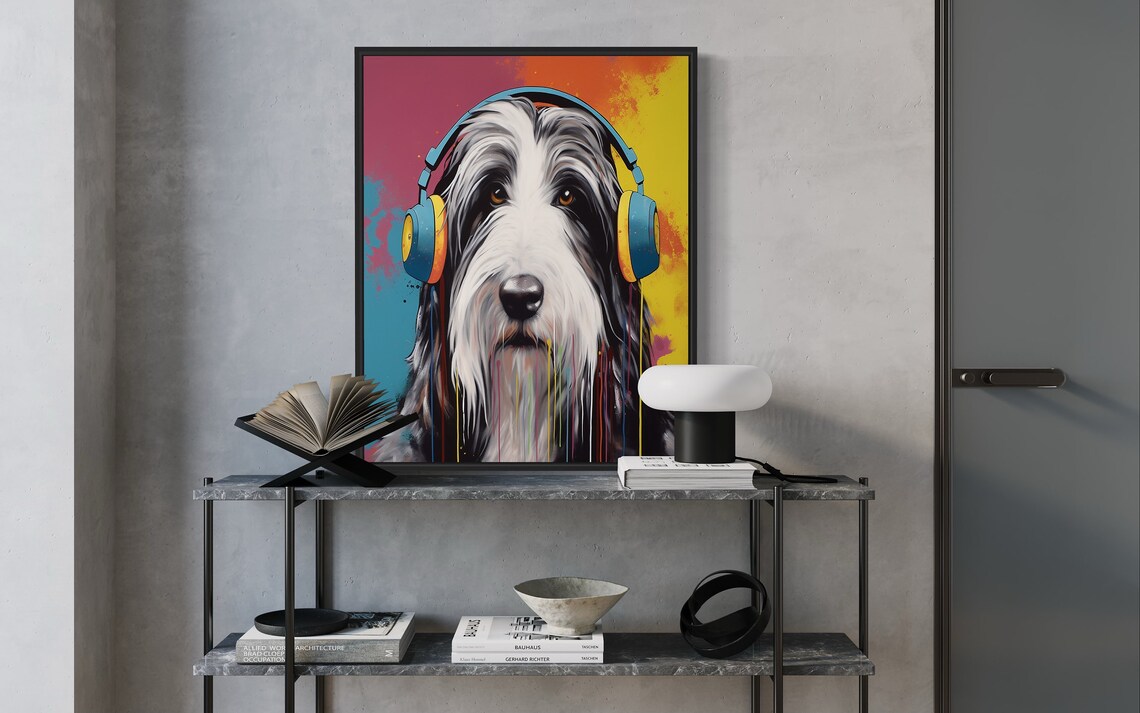 Bearded Collie Wearing Headphones Colorful Pop Dog Art Poster - Image 2