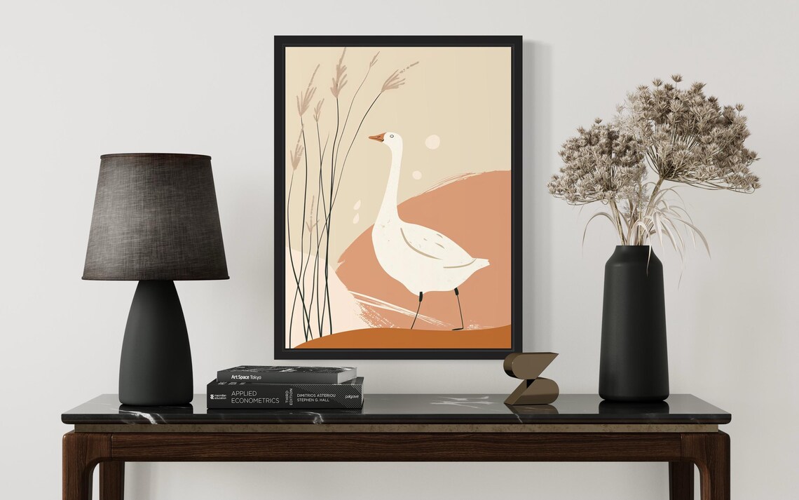 White Goose Among Reeds Beige Minimalist Farmhouse Art Poster - Image 3