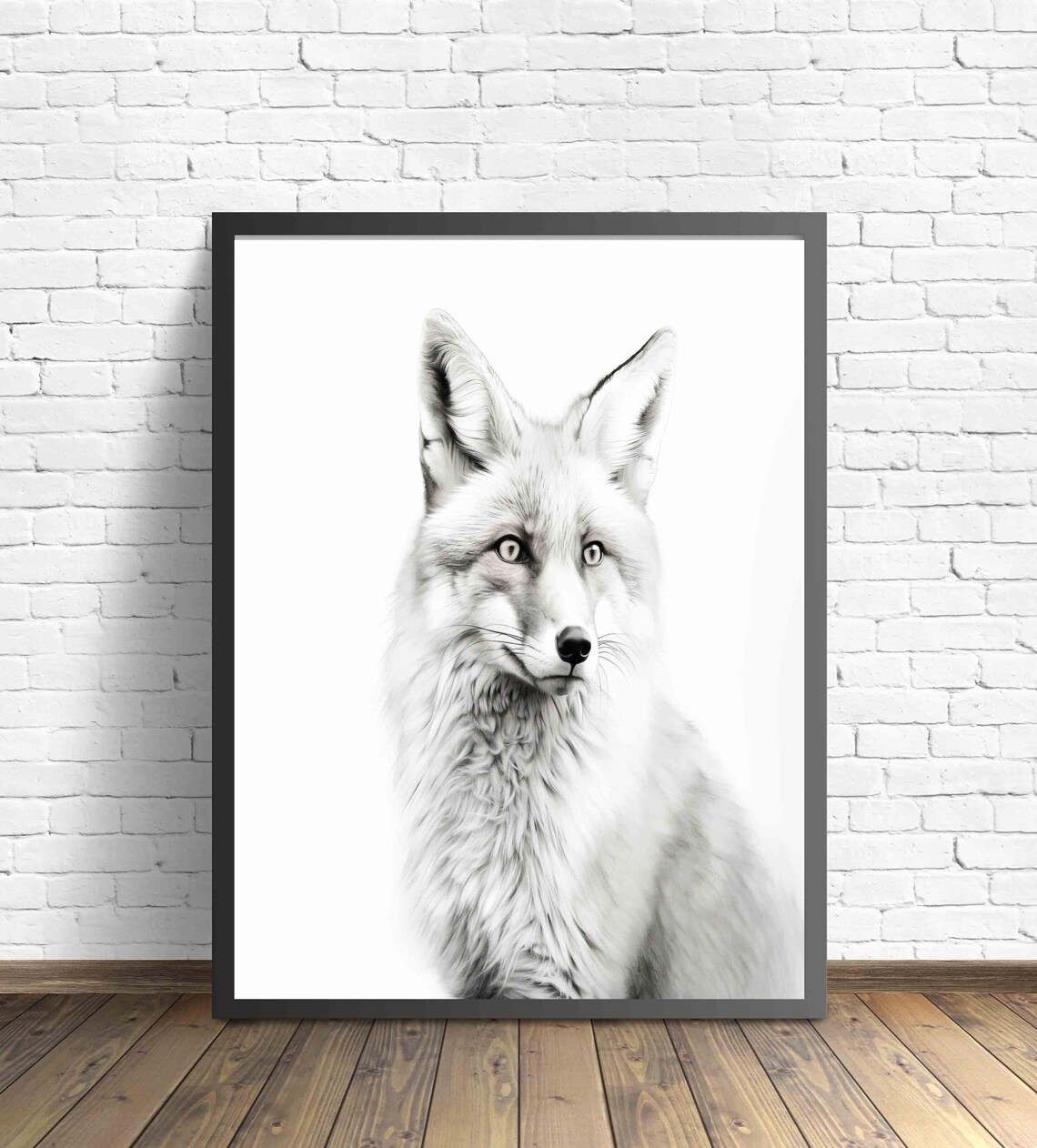 Fox Black and White Fluffy Front Facing Woodland Animal Portrait Poster - Image 4