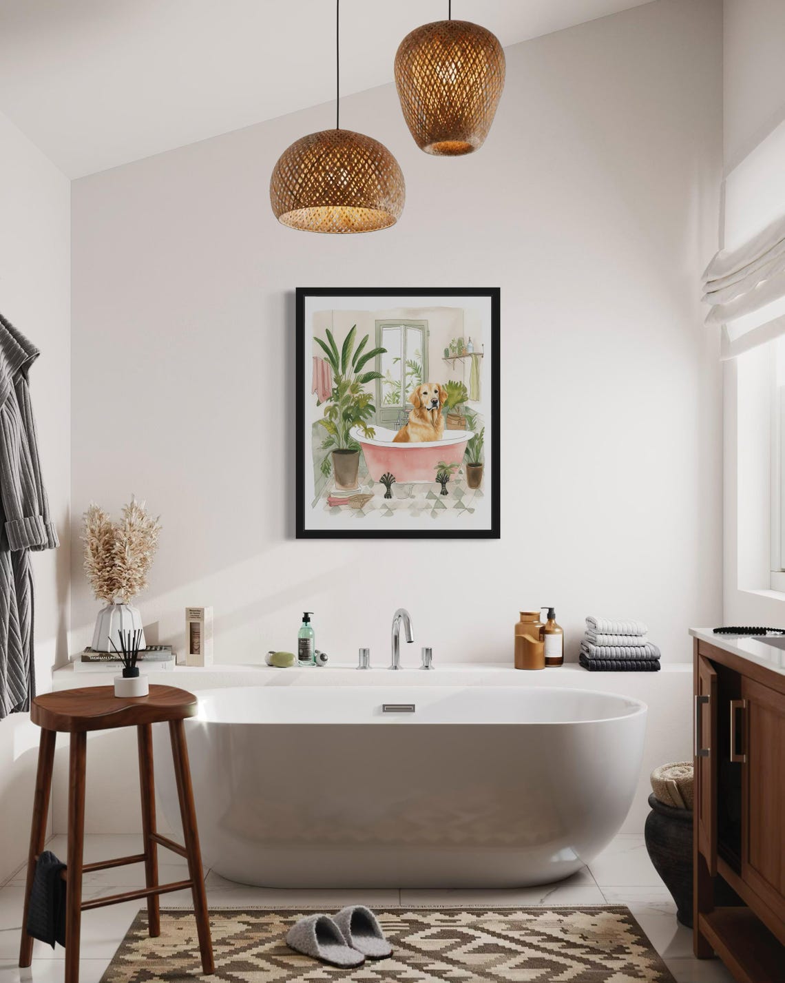 Golden Retriever Bath Time Pink Clawfoot Tub Botanical Art Poster - Image 4