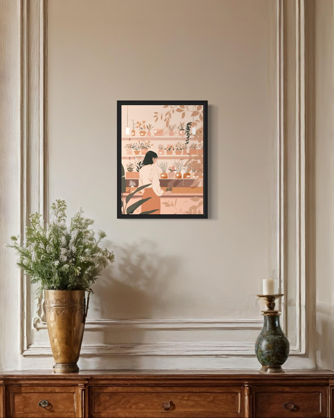Woman In Cozy Flower Shop Terracotta Floral Boutique Art Poster - Image 2
