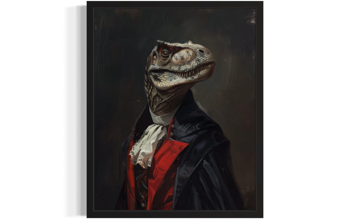 T-Rex Vampire Gothic Portrait Poster with Cape and Red Waistcoat