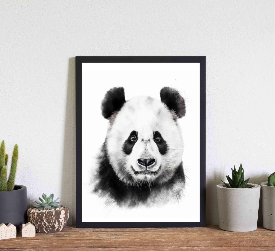 Gentle Giant Panda Face in Watercolor Black and White Art Poster - Image 3