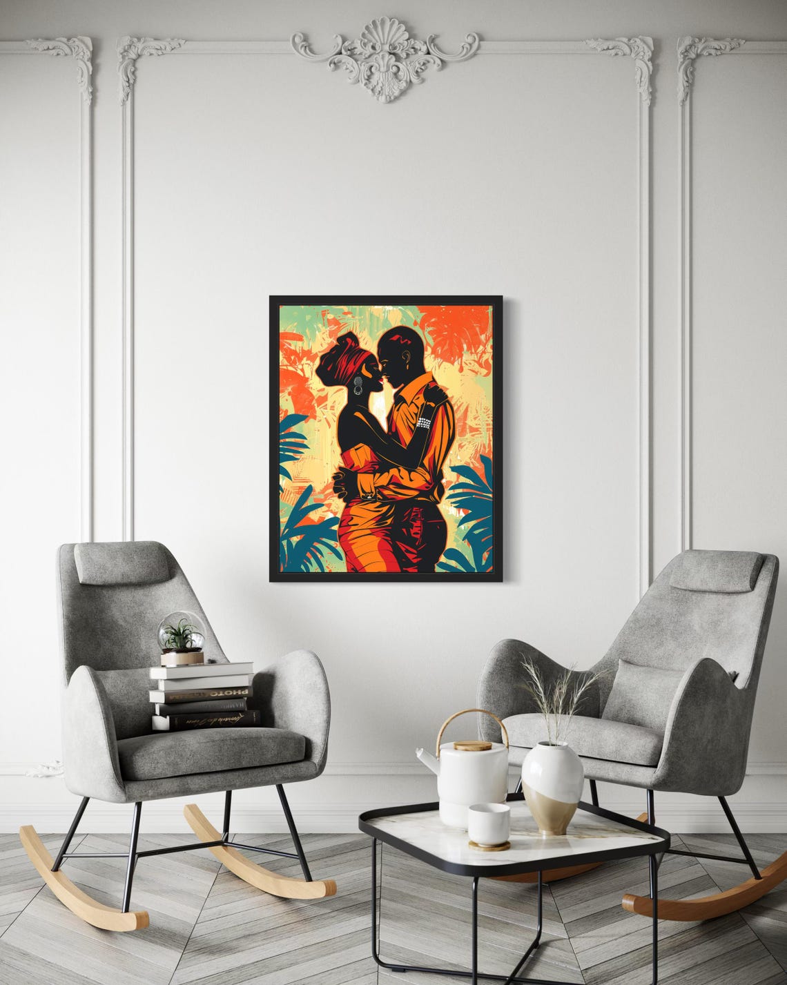 Romantic African Couple Embrace Tropical Pop Art Style Poster - Image 3