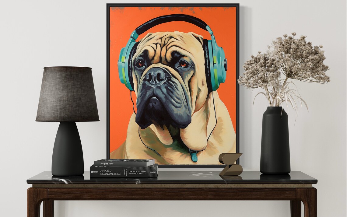 English Mastiff Wearing Headphones Orange Pop Art Dog Poster - Image 3
