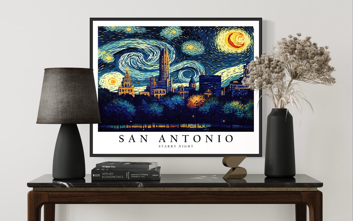 San Antonio Texas Starry Night Van Gogh Style Downtown Skyline Poster - Image 3