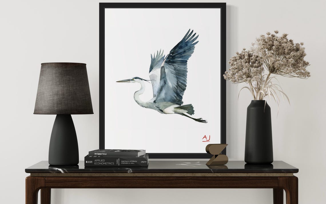 Heron Flying With Spread Wings In Watercolor Bird Art Poster - Image 2