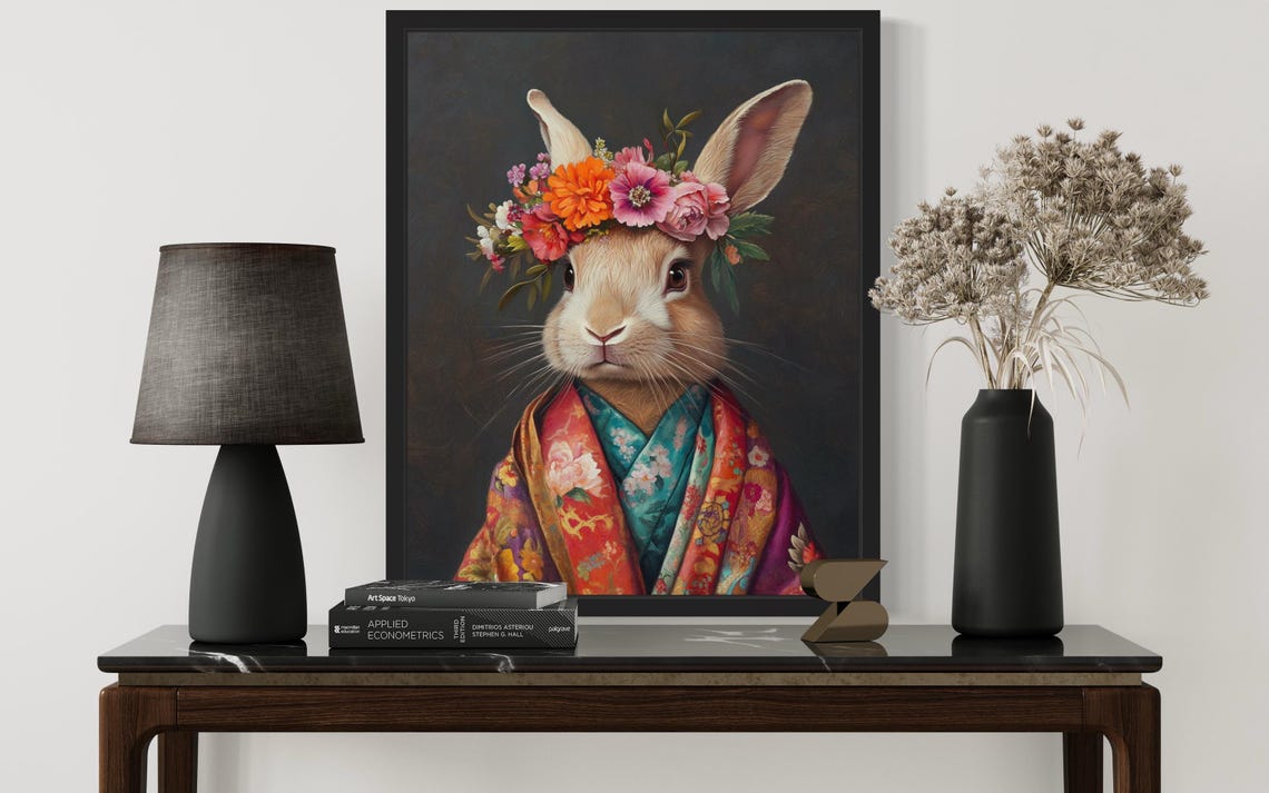 Rabbit In Floral Crown And Kimono Whimsical Portrait Funny Poster - Image 3