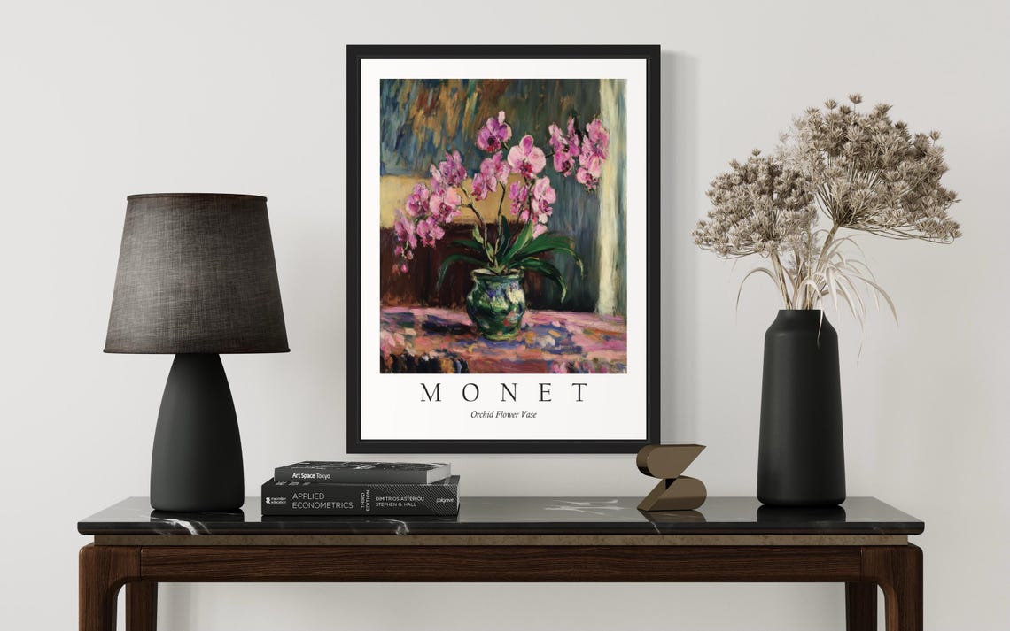 Pink Orchids in a Green Vase Monet Style Elegant Flower Poster - Image 3