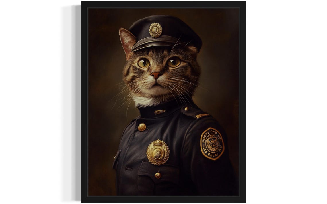 Tabby Cat Police Officer In Dark Uniform With Badge Portrait Poster