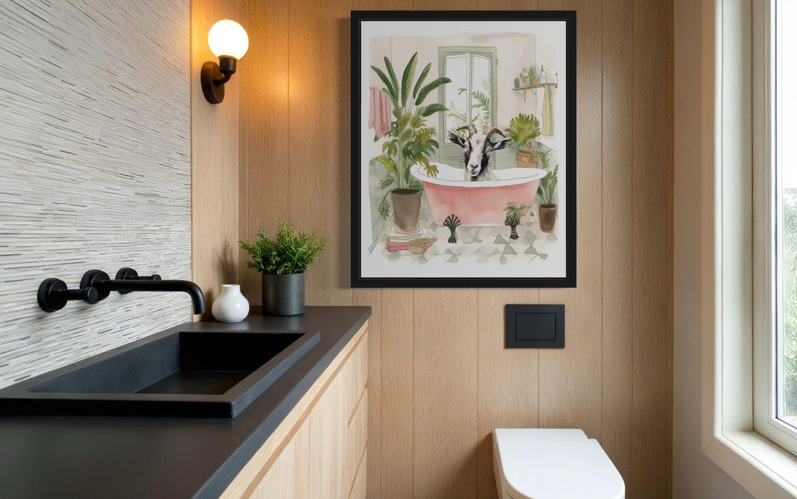 Curious Goat Sitting in a Pink Bathtub Watercolor Bathroom Poster - Image 4