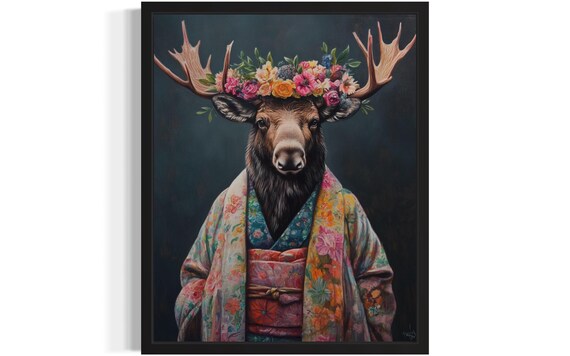 Moose Wearing Flower Crown and Floral Kimono Fine Art Decor Poster